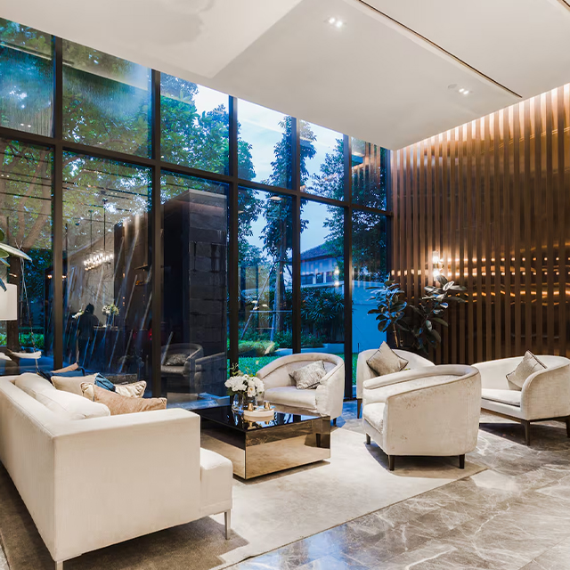 Lounge de estilo minimalista, sof&aacute; de recep&ccedil;&atilde;o de espera para lobby do hotel