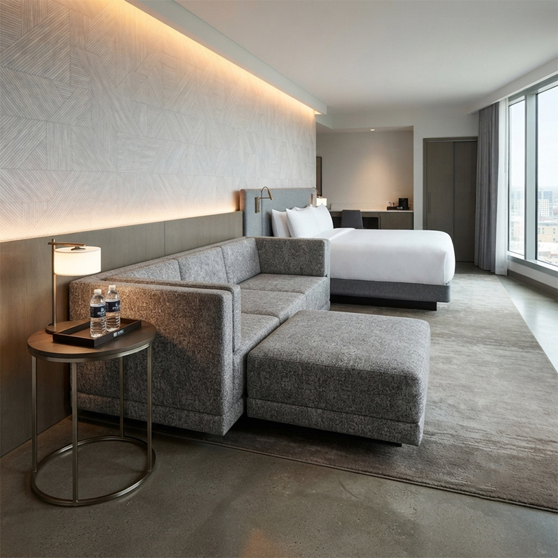 Sofa Hotel Modular Kain Lurus dengan Ottoman